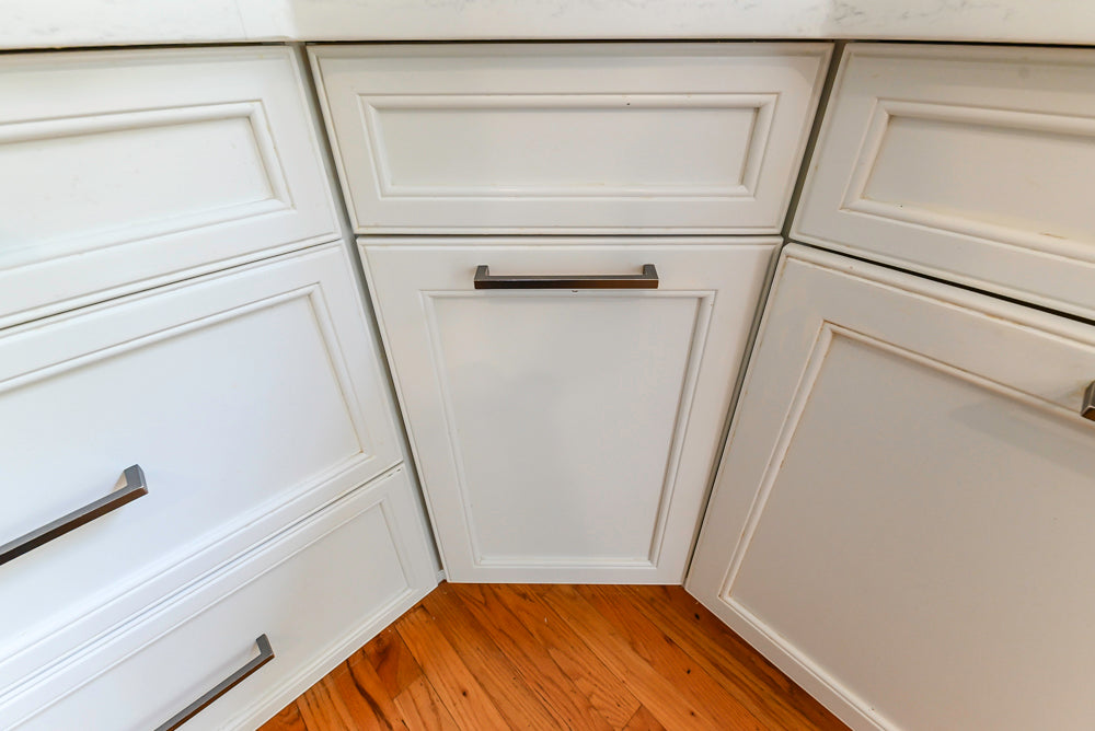 "The Montgomery" Transitional White Kitchen with Blue Island & Appliances