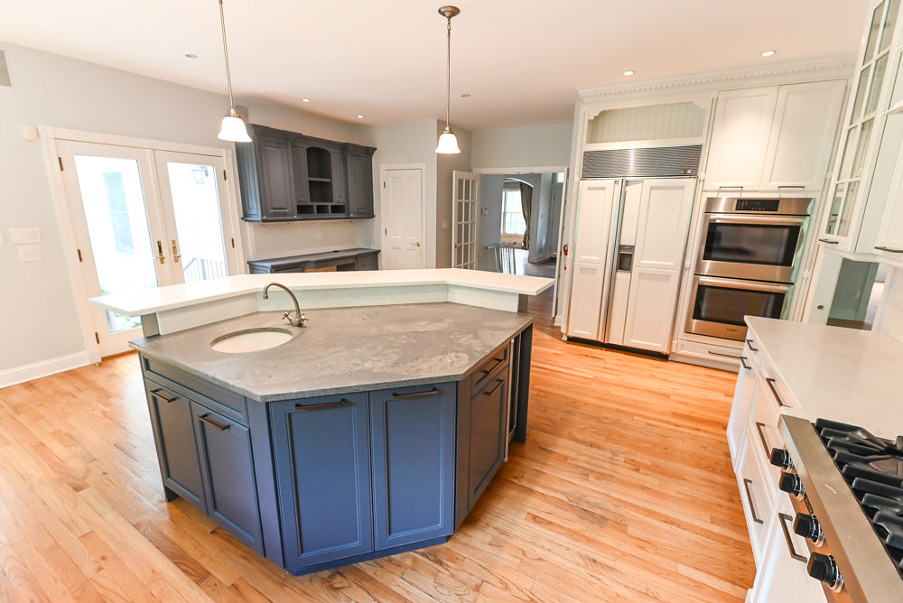 "The Montgomery" Transitional White Kitchen with Blue Island & Appliances