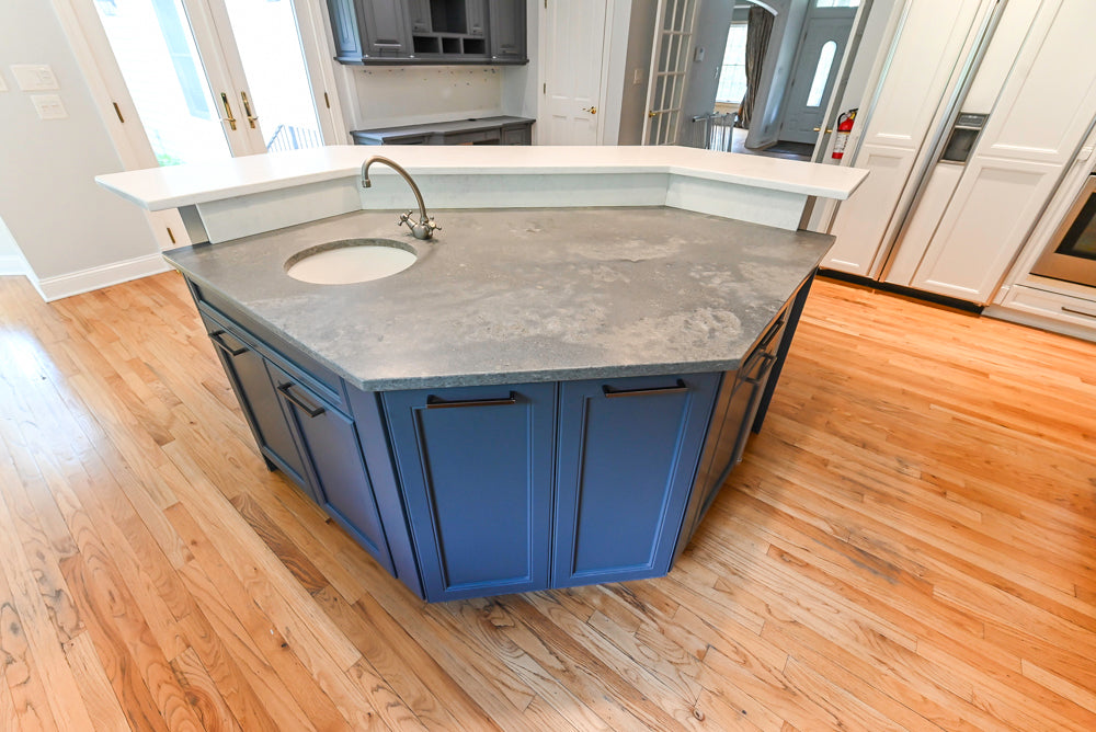 "The Montgomery" Transitional White Kitchen with Blue Island & Appliances