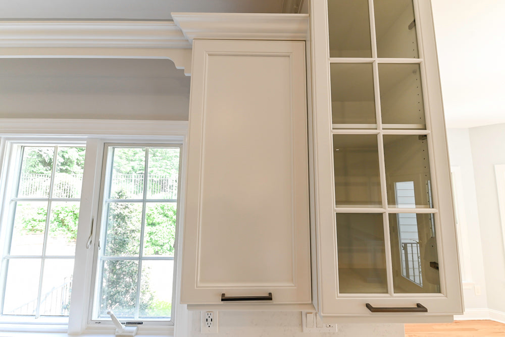 "The Montgomery" Transitional White Kitchen with Blue Island & Appliances