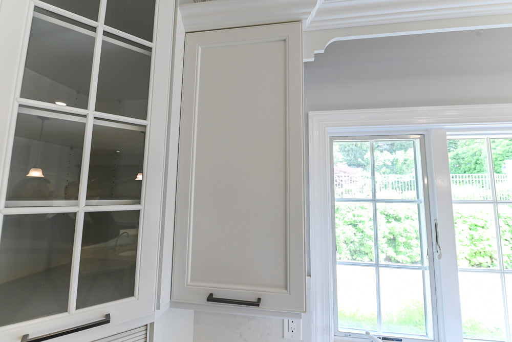 "The Montgomery" Transitional White Kitchen with Blue Island & Appliances