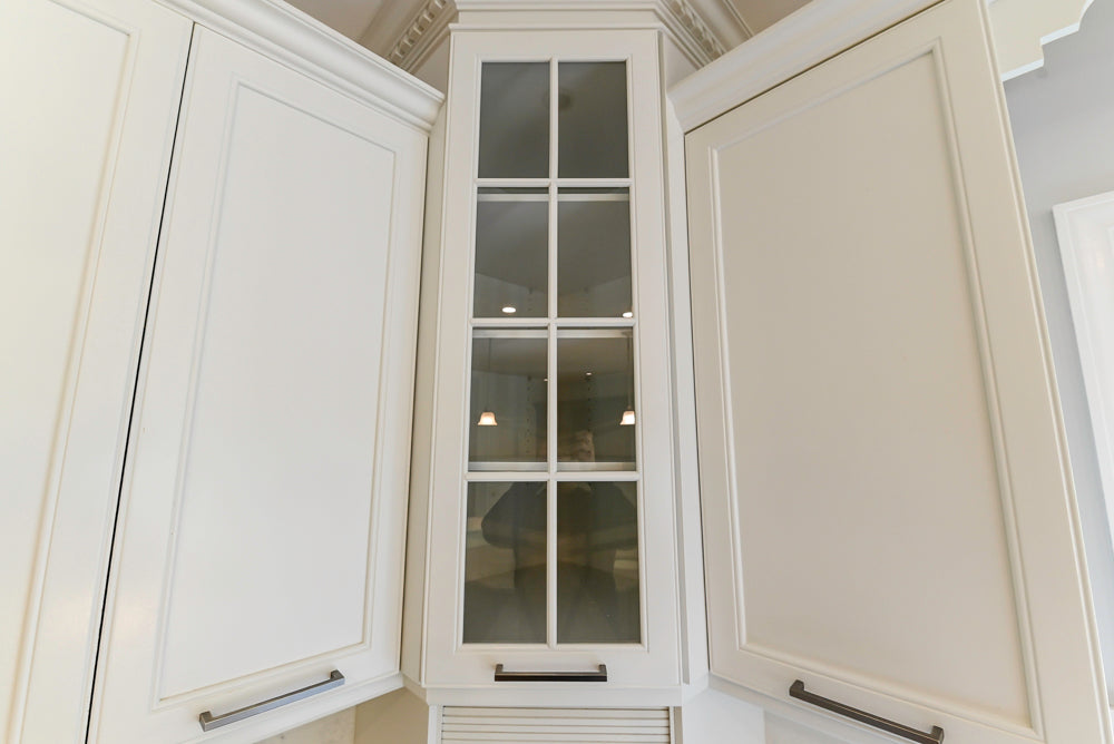 "The Montgomery" Transitional White Kitchen with Blue Island & Appliances