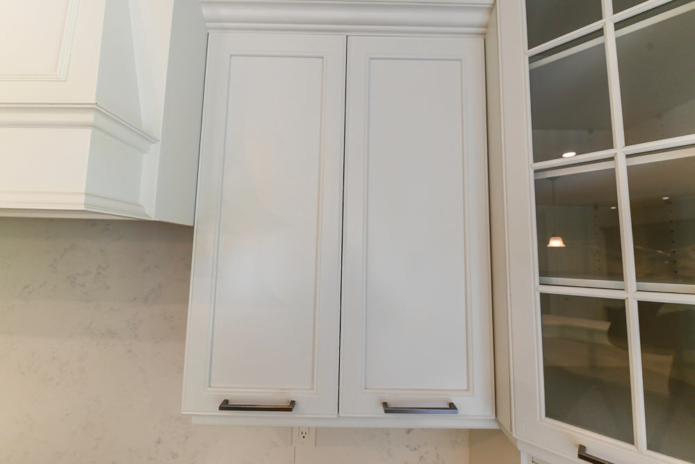 "The Montgomery" Transitional White Kitchen with Blue Island & Appliances