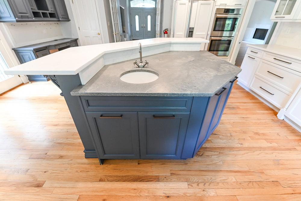 "The Montgomery" Transitional White Kitchen with Blue Island & Appliances