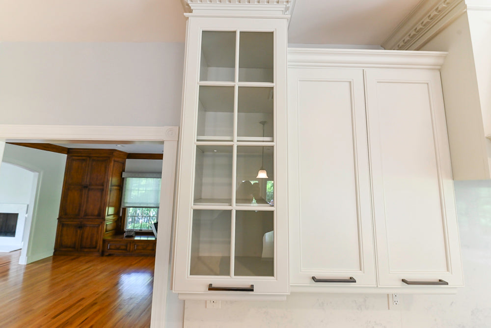"The Montgomery" Transitional White Kitchen with Blue Island & Appliances