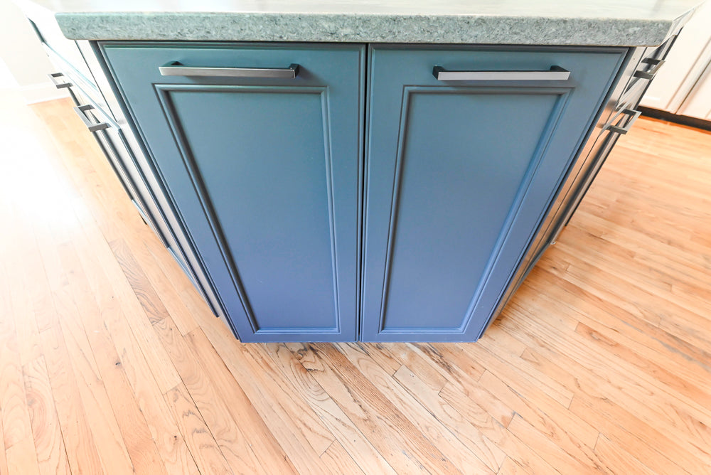 "The Montgomery" Transitional White Kitchen with Blue Island & Appliances