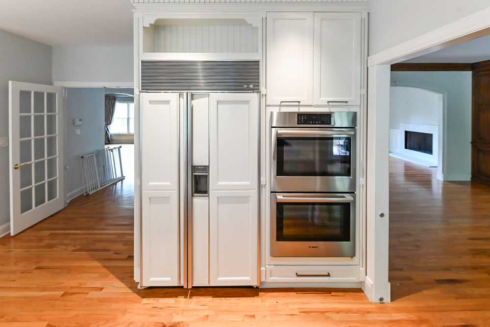 "The Montgomery" Transitional White Kitchen with Blue Island & Appliances