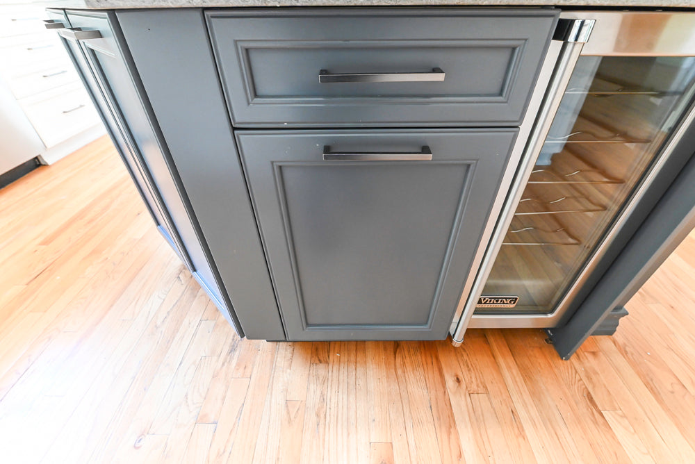 "The Montgomery" Transitional White Kitchen with Blue Island & Appliances