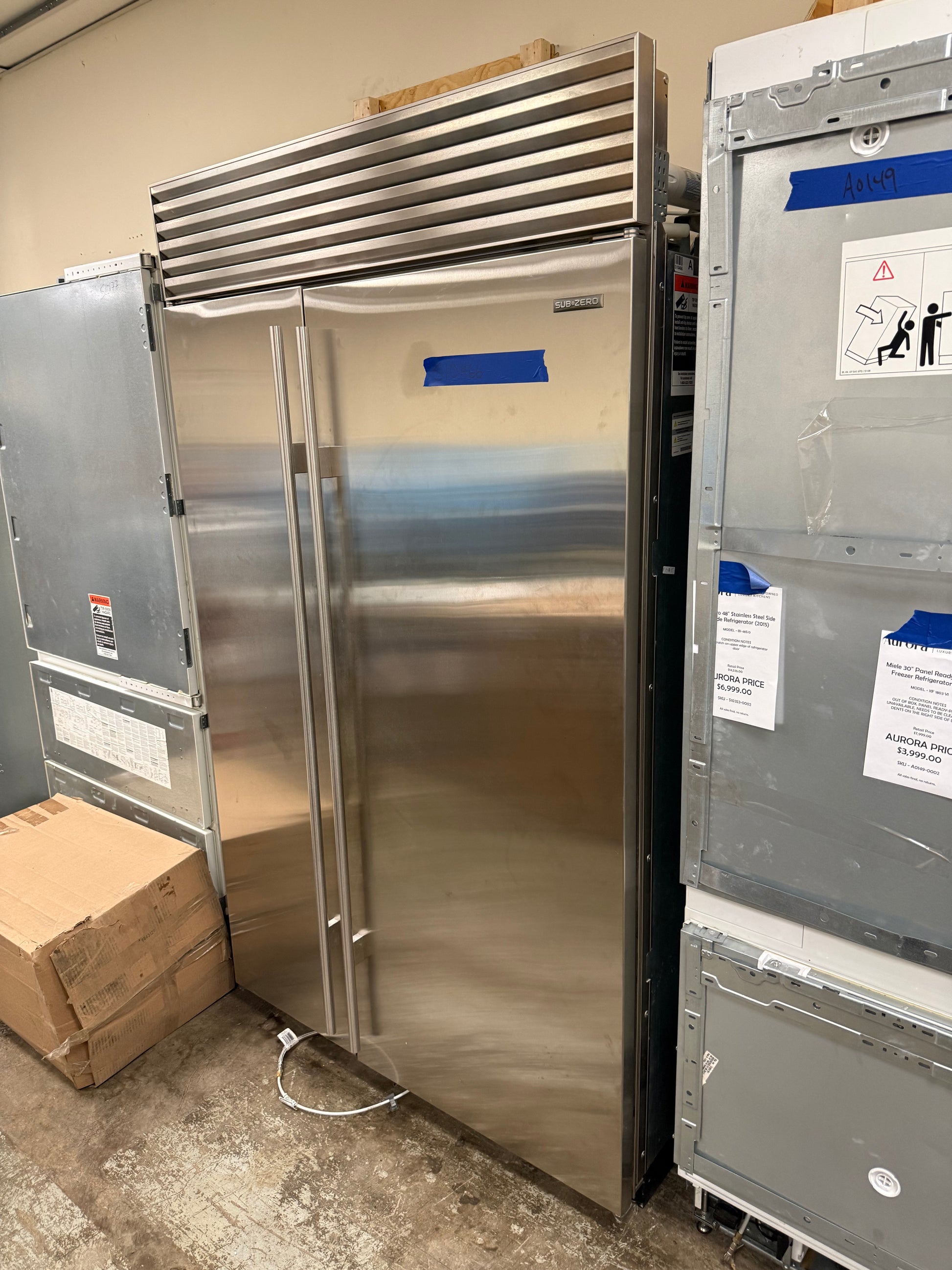 Luxury professional 48 inch built in refrigerator with internal ice and water dispenser station close up