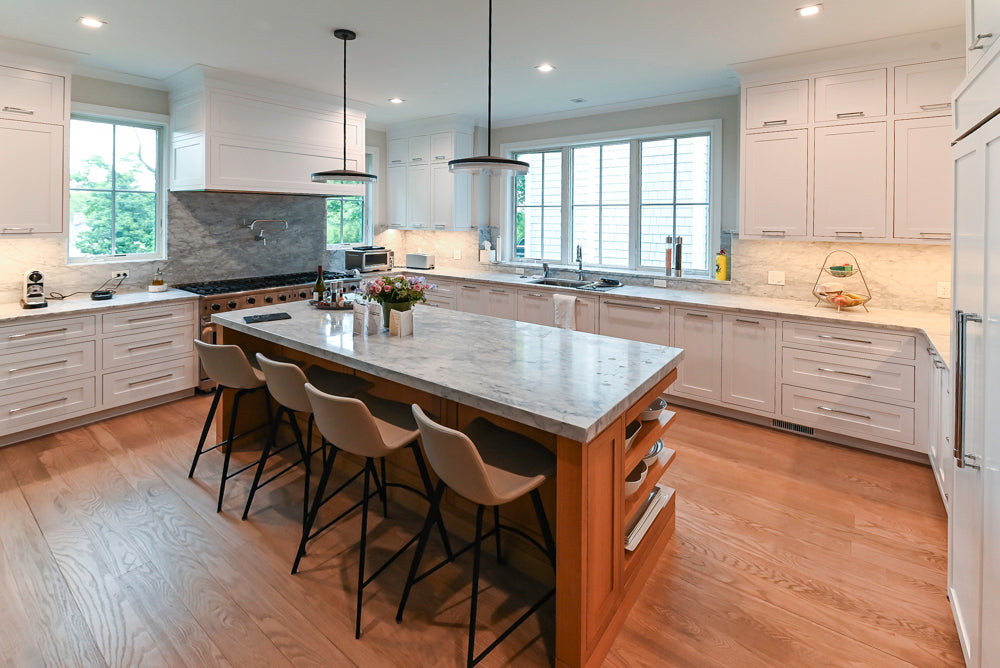 "The Banbury" Transitional White Kitchen with White Oak Island & Appliances