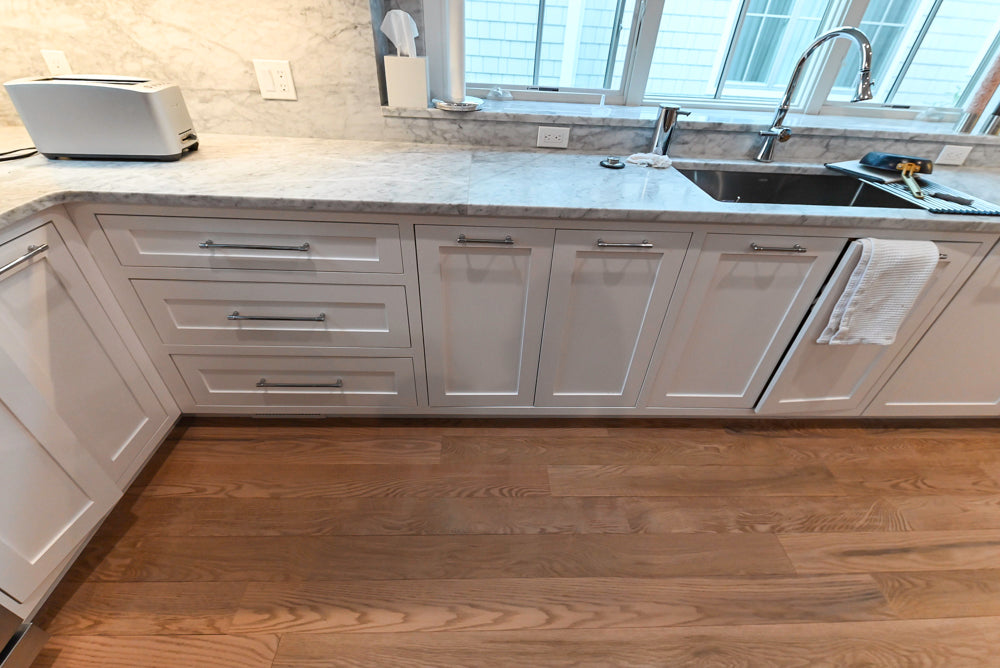 "The Banbury" Transitional White Kitchen with White Oak Island & Appliances