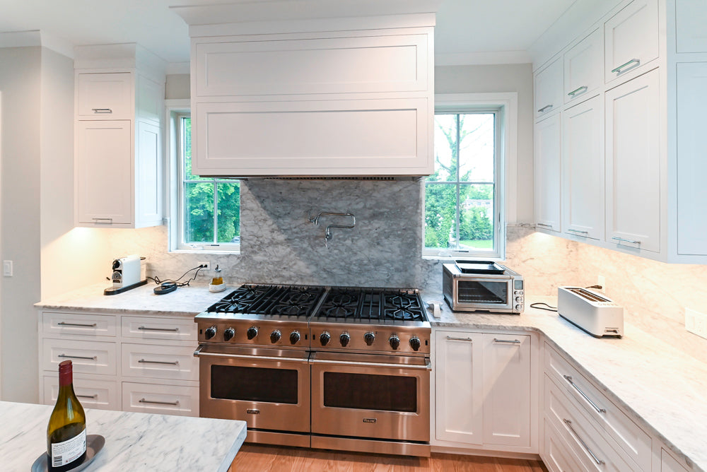 "The Banbury" Transitional White Kitchen with White Oak Island & Appliances