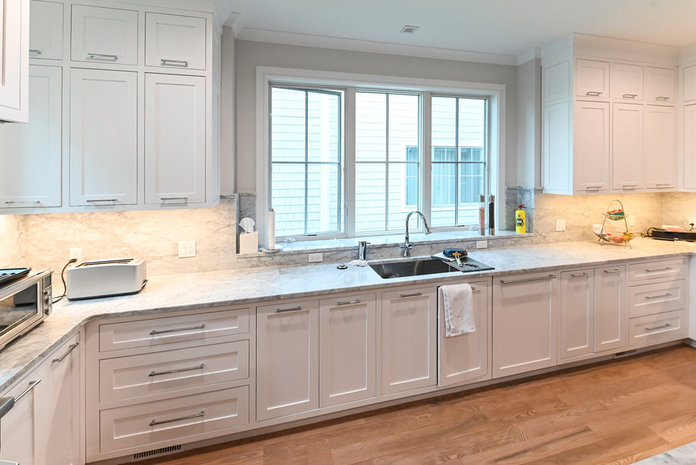 "The Banbury" Transitional White Kitchen with White Oak Island & Appliances