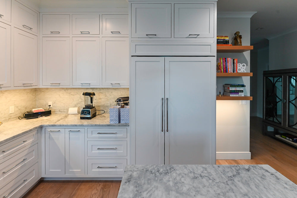 "The Banbury" Transitional White Kitchen with White Oak Island & Appliances