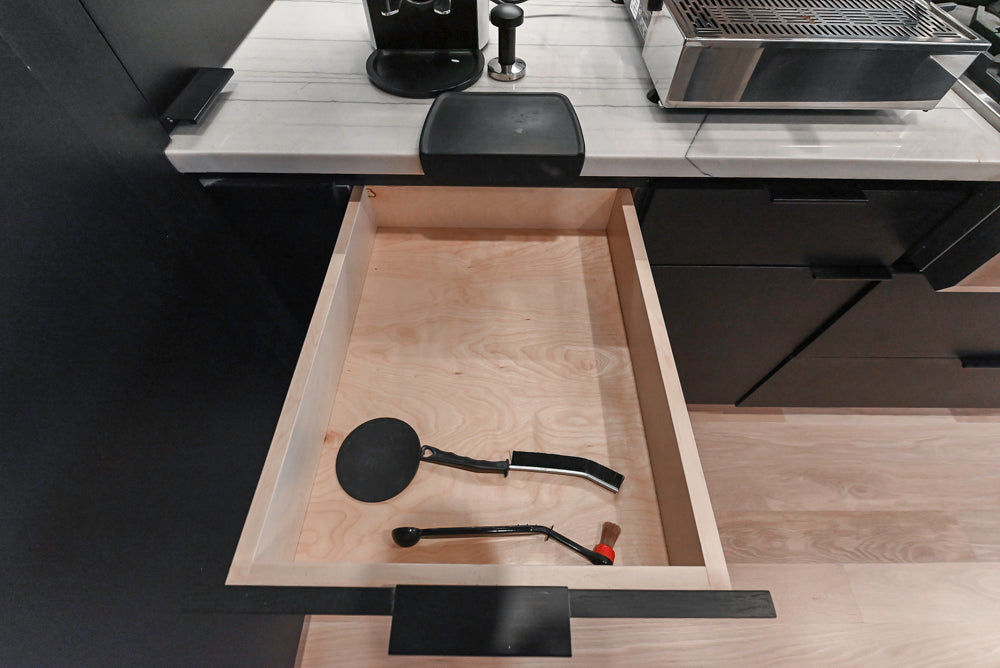 “The Soho” Modern Black & White Kitchen with Waterfall Island & Appliances