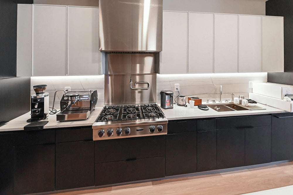 “The Soho” Modern Black & White Kitchen with Waterfall Island & Appliances