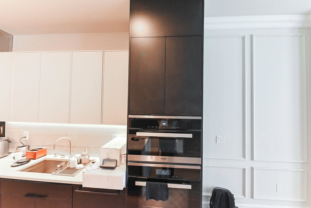 “The Soho” Modern Black & White Kitchen with Waterfall Island & Appliances