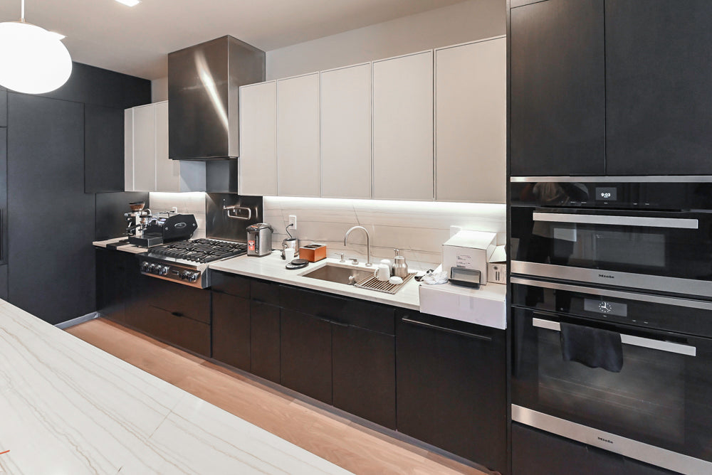 “The Soho” Modern Black & White Kitchen with Waterfall Island & Appliances