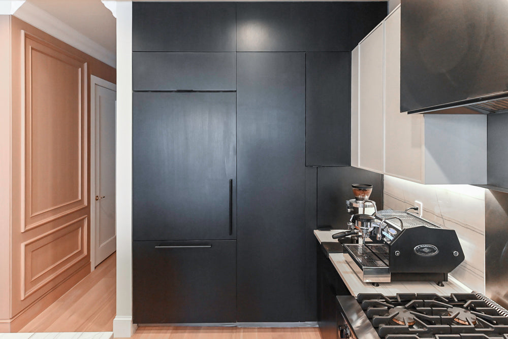 “The Soho” Modern Black & White Kitchen with Waterfall Island & Appliances