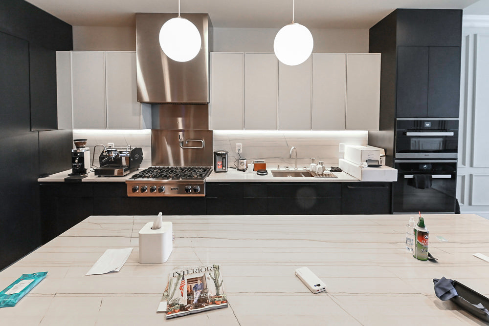 “The Soho” Modern Black & White Kitchen with Waterfall Island & Appliances
