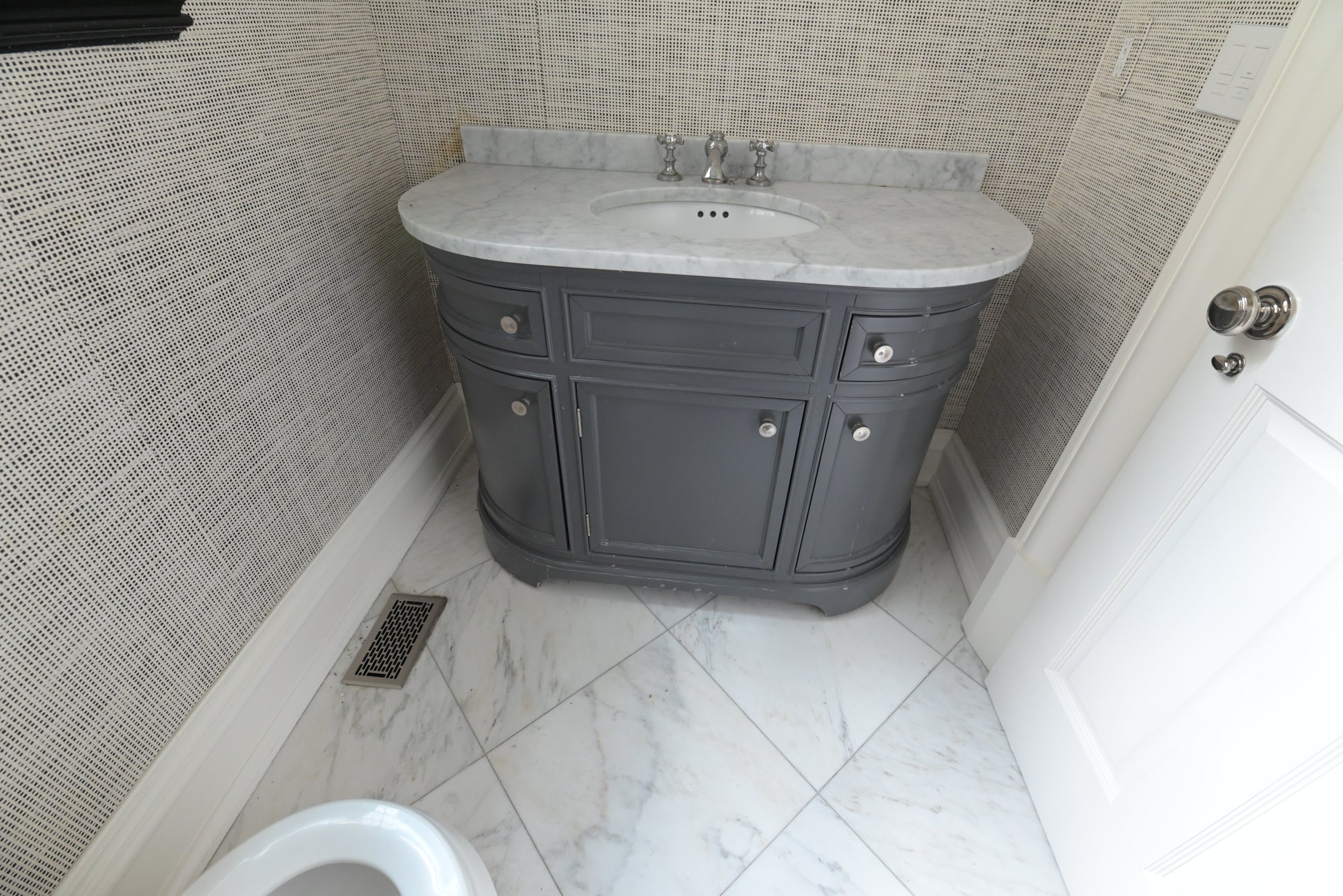 Architectural single-sink vanity in charcoal grey for powder rooms and baths