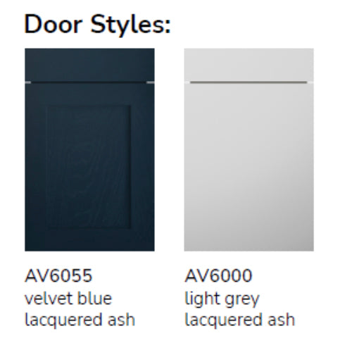 Häcker Velvet Blue & Light Grey Modern Kitchen with Island and Stone Countertops