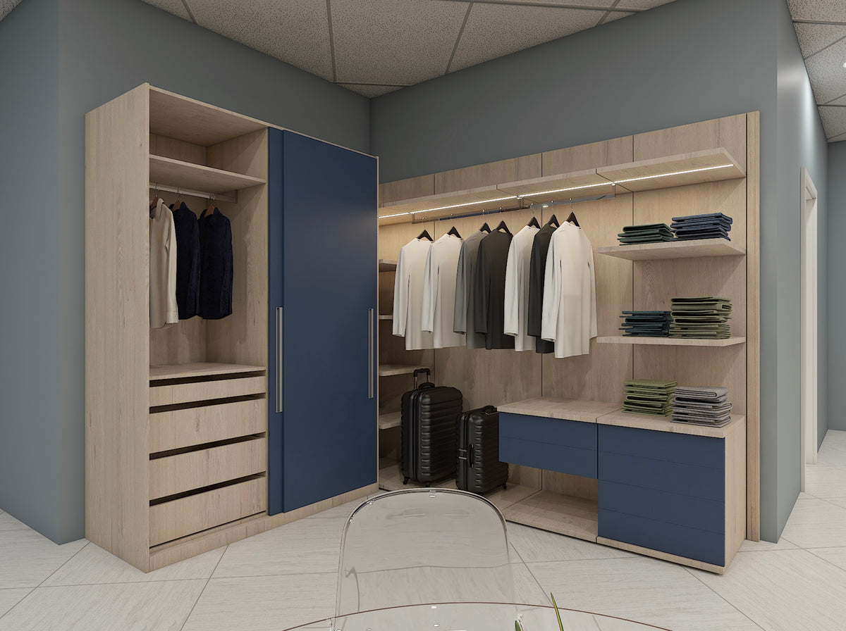 Hans Krug brilliant blue and bleached beam oak custom walk in closet system