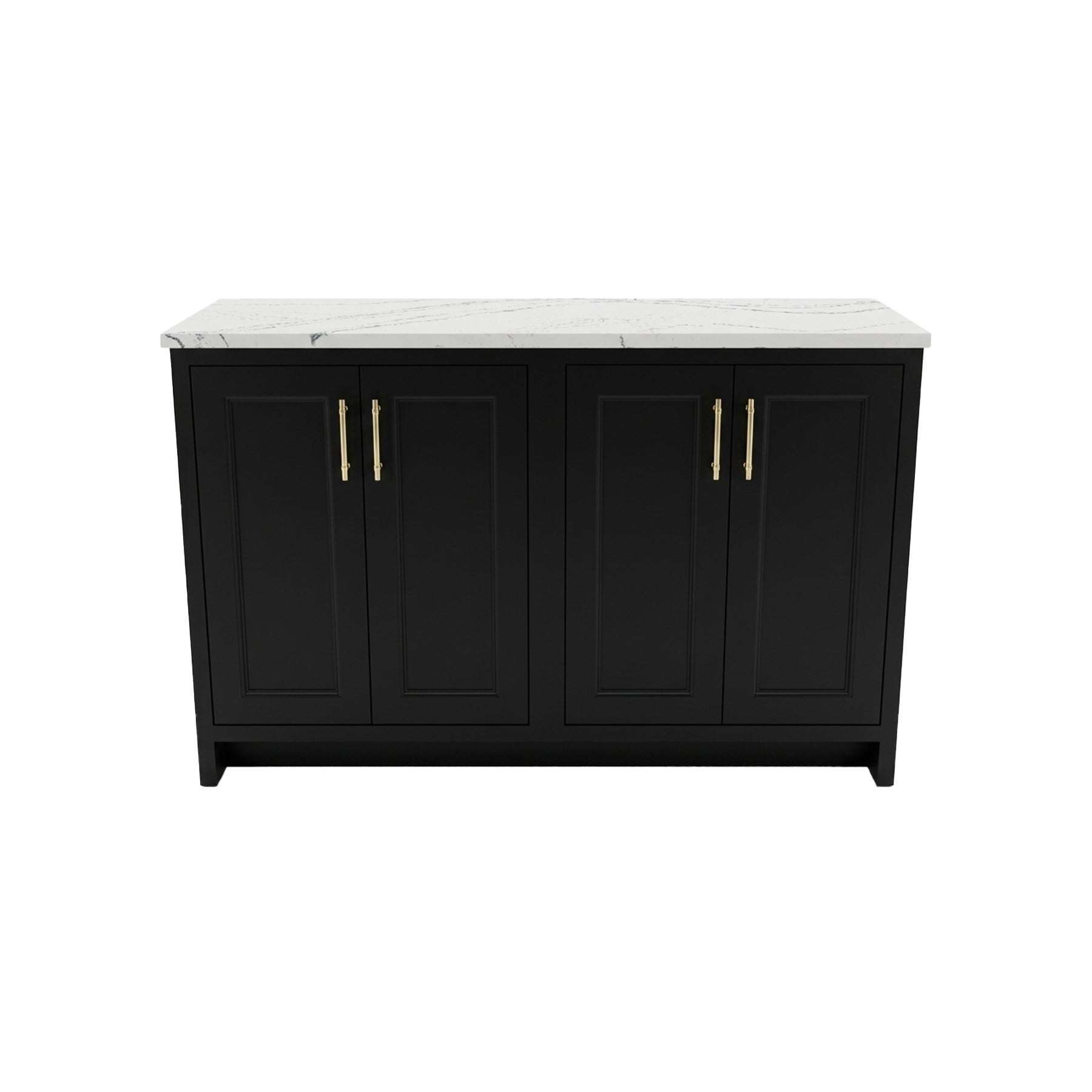 Black side cabinet with white countertop on a white background
