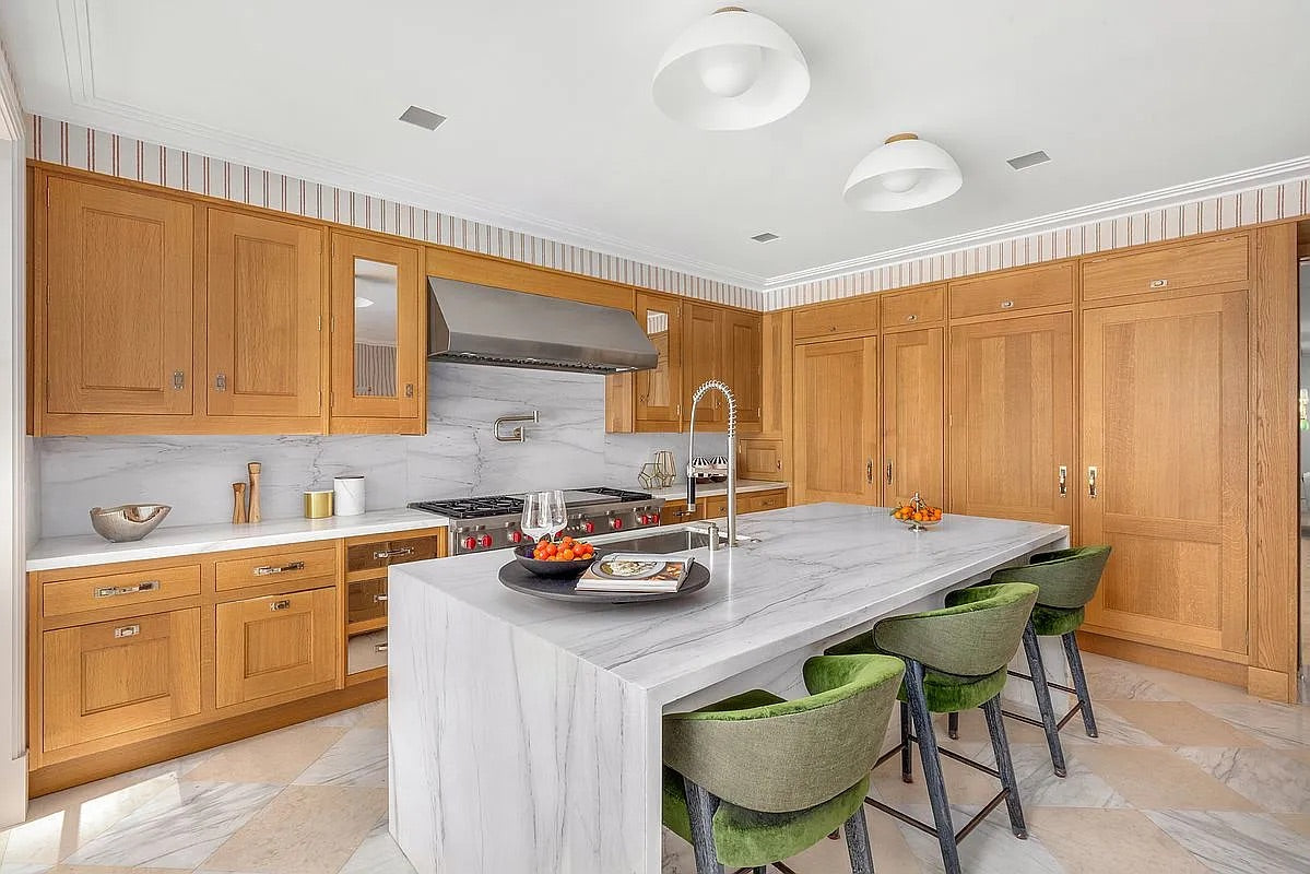 Christopher Peacock Transitional Wooden Pre-Owned Kitchen with Waterfall Island and Marble Countertops