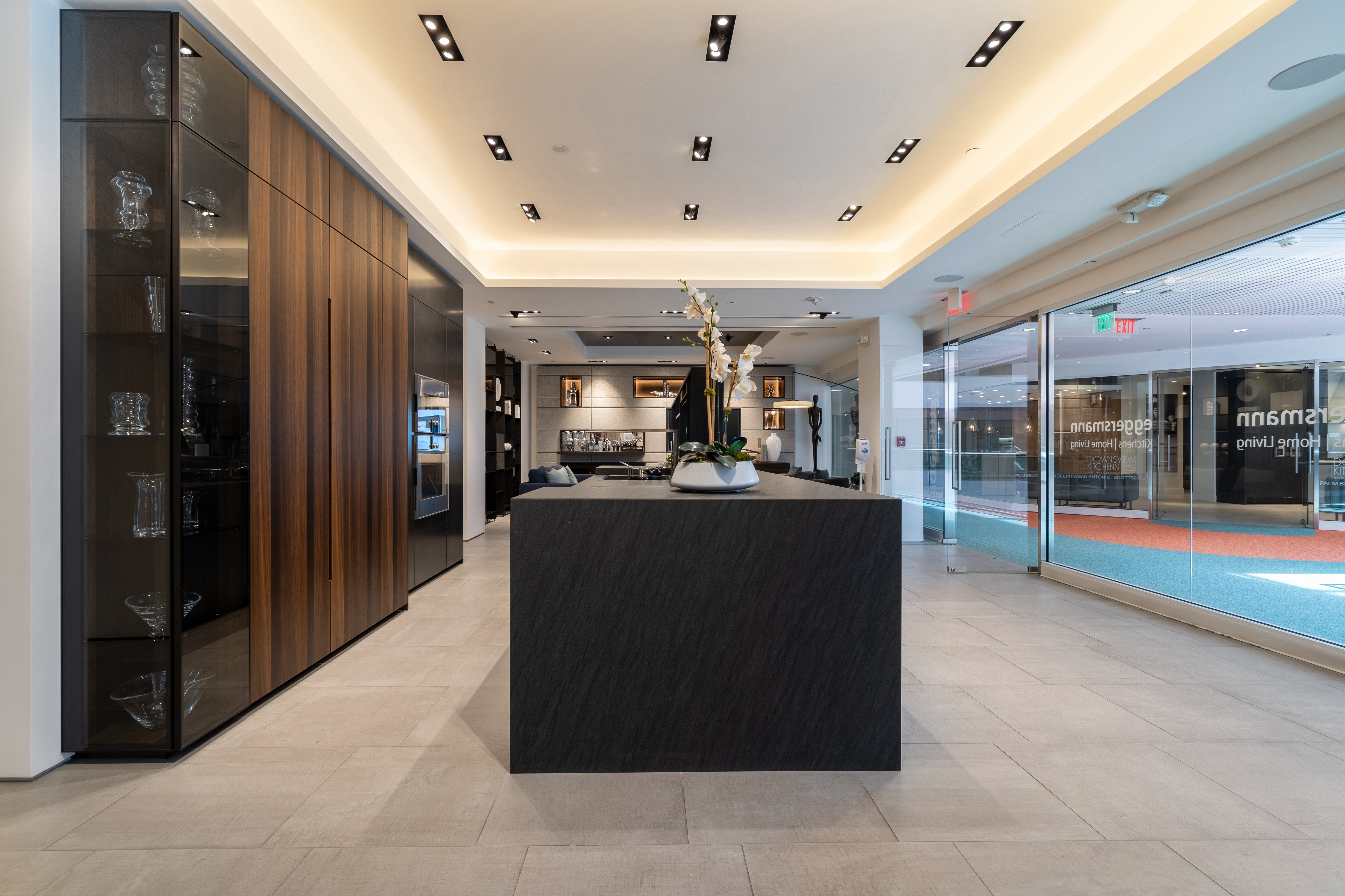 eggersmann Glance Glass and Carbono Stone Island Modern Smoked Oak Kitchen with Gaggenau Appliances