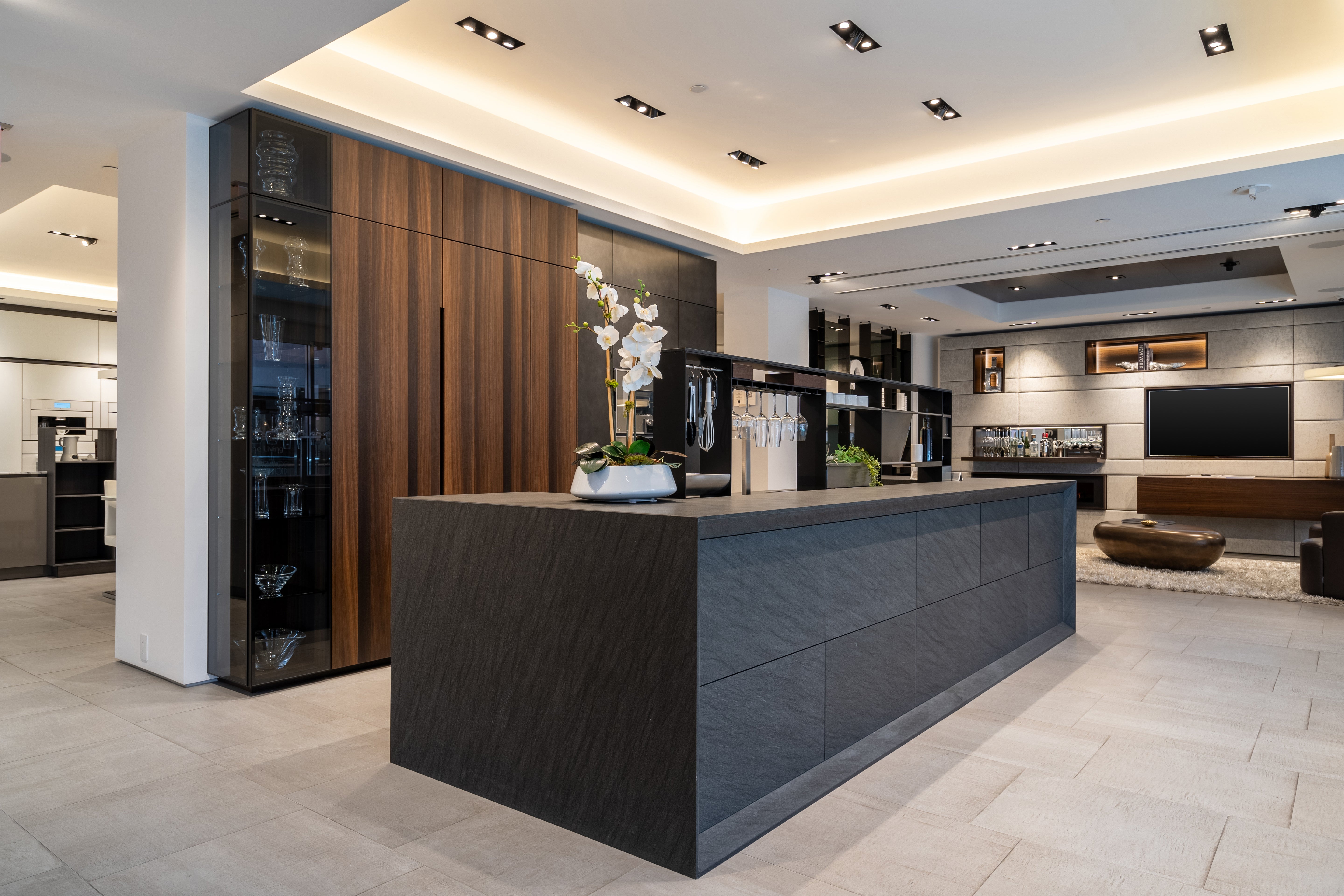 eggersmann Glance Glass and Carbono Stone Island Modern Smoked Oak Kitchen with Gaggenau Appliances