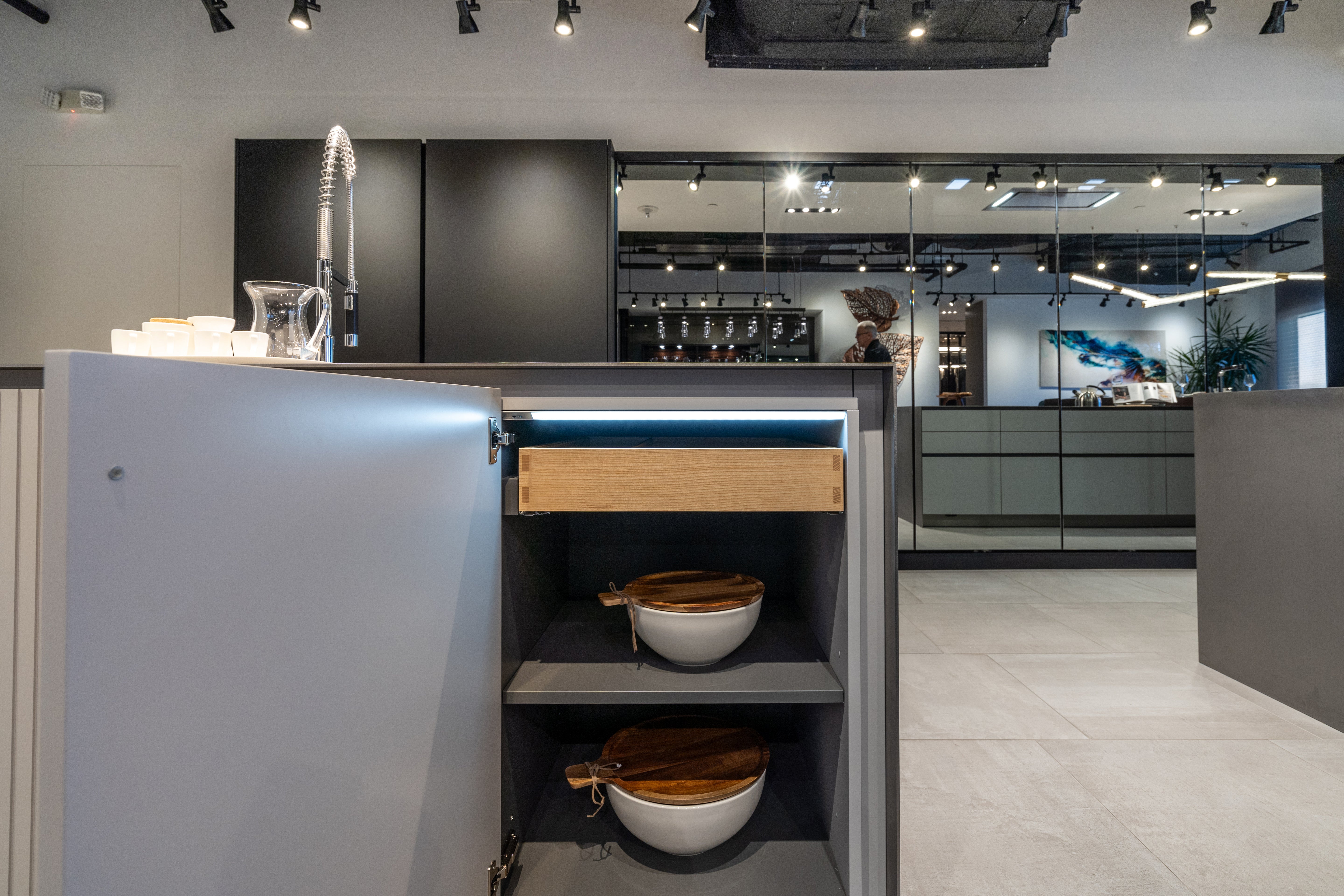 eggersmann USA Black & Grey Work's Glass Modern Kitchen with Sub-Zero & Wolf Appliances