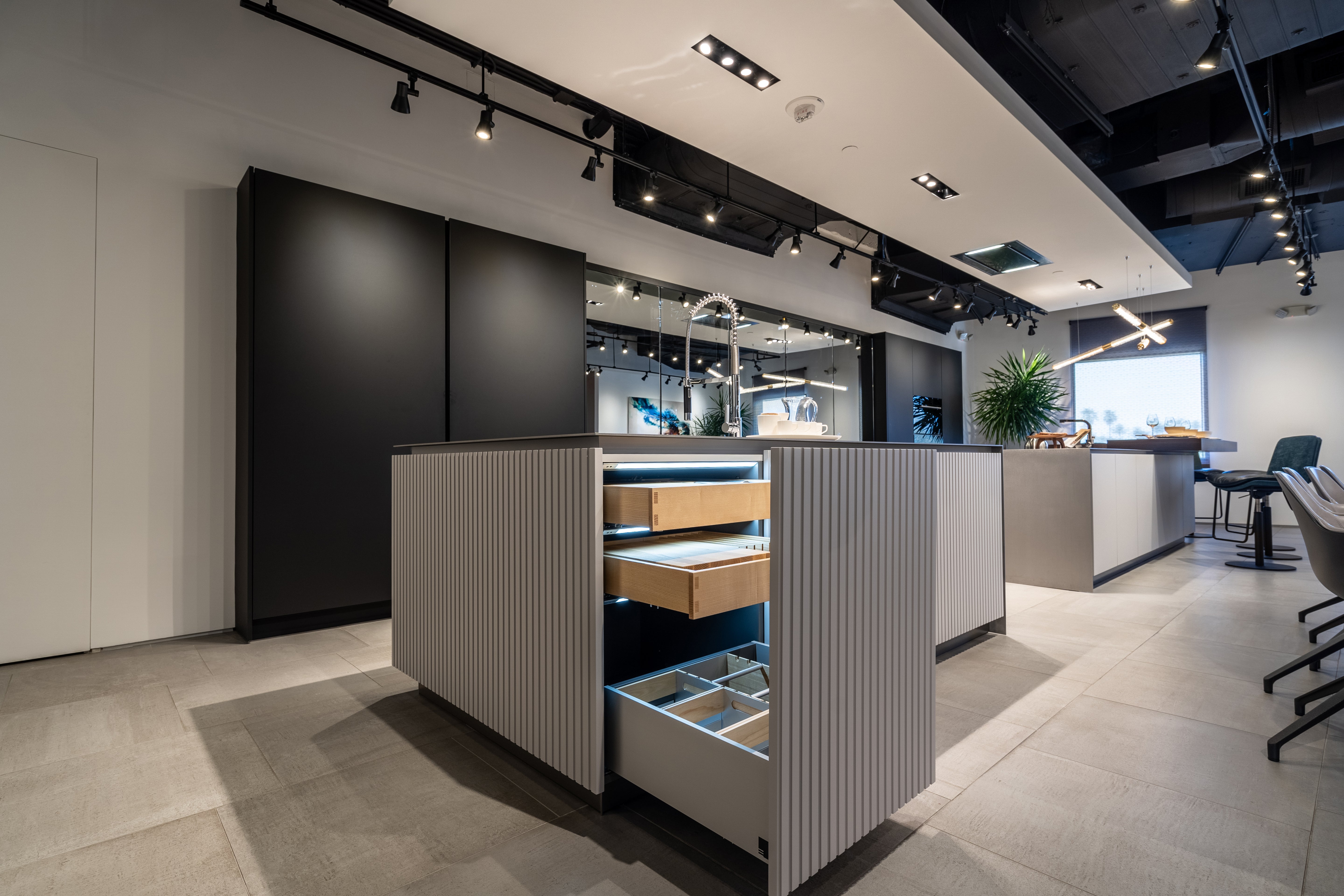 eggersmann USA Black & Grey Work's Glass Modern Kitchen with Sub-Zero & Wolf Appliances