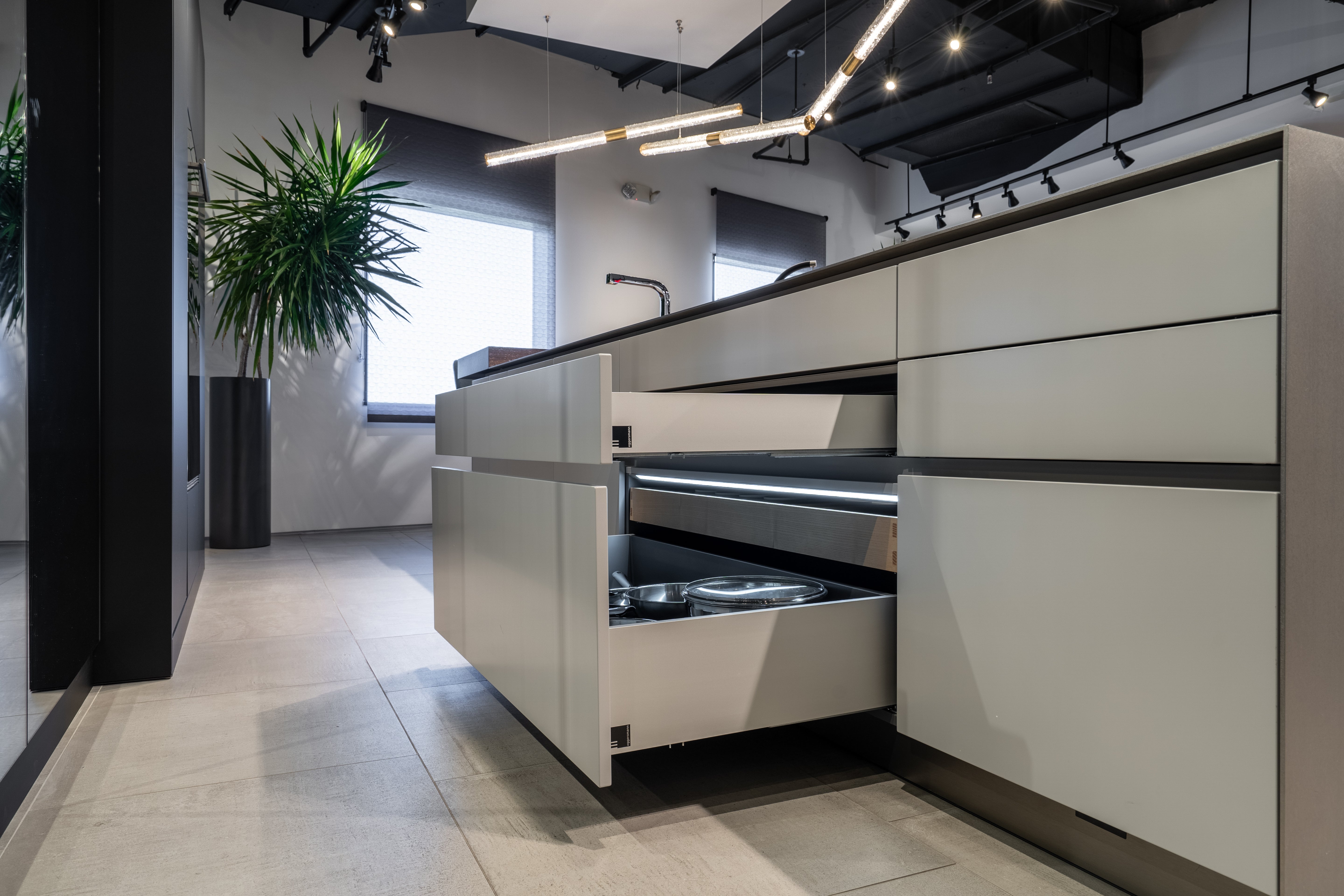 eggersmann USA Black & Grey Work's Glass Modern Kitchen with Sub-Zero & Wolf Appliances