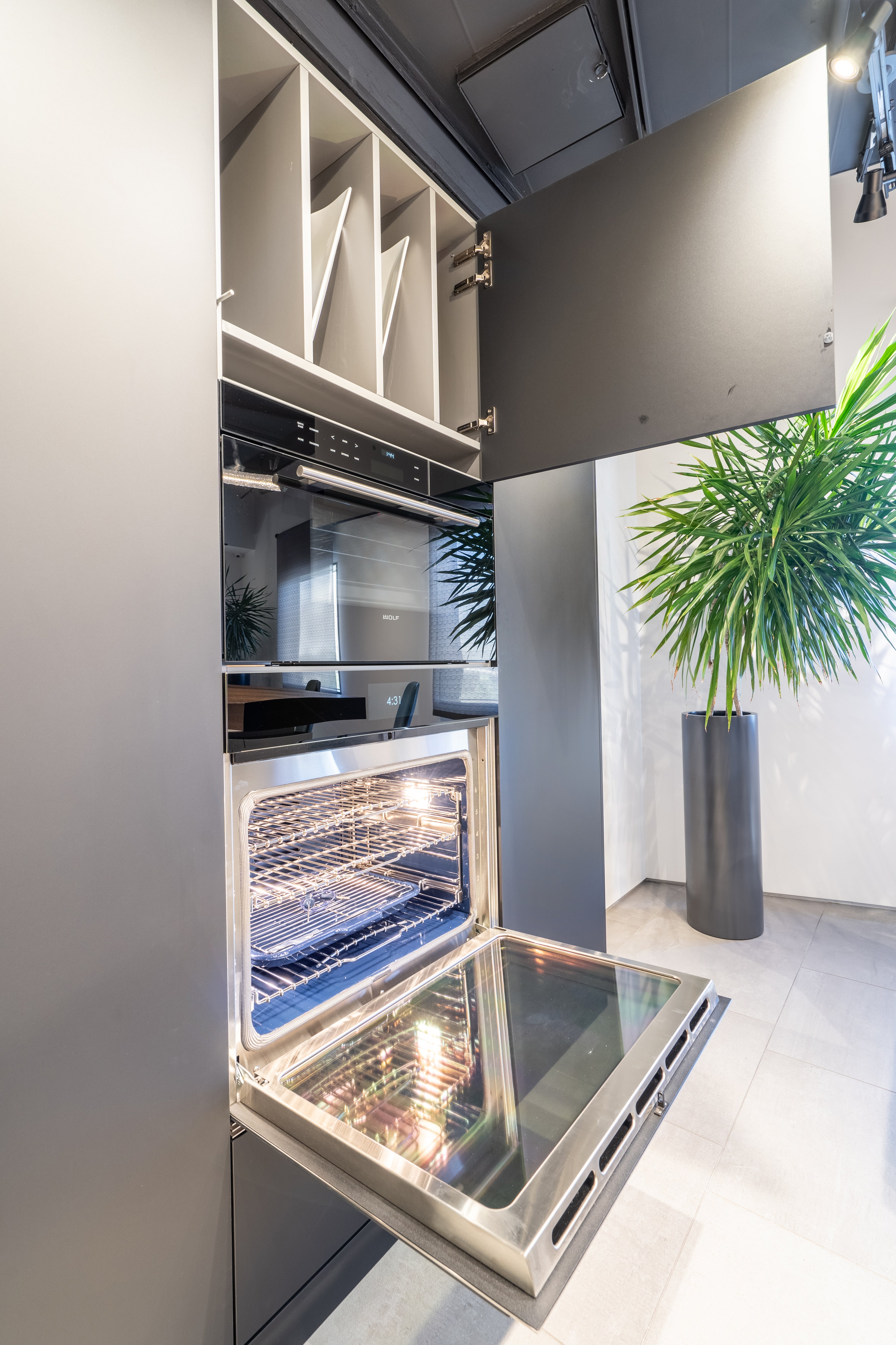 eggersmann USA Black & Grey Work's Glass Modern Kitchen with Sub-Zero & Wolf Appliances