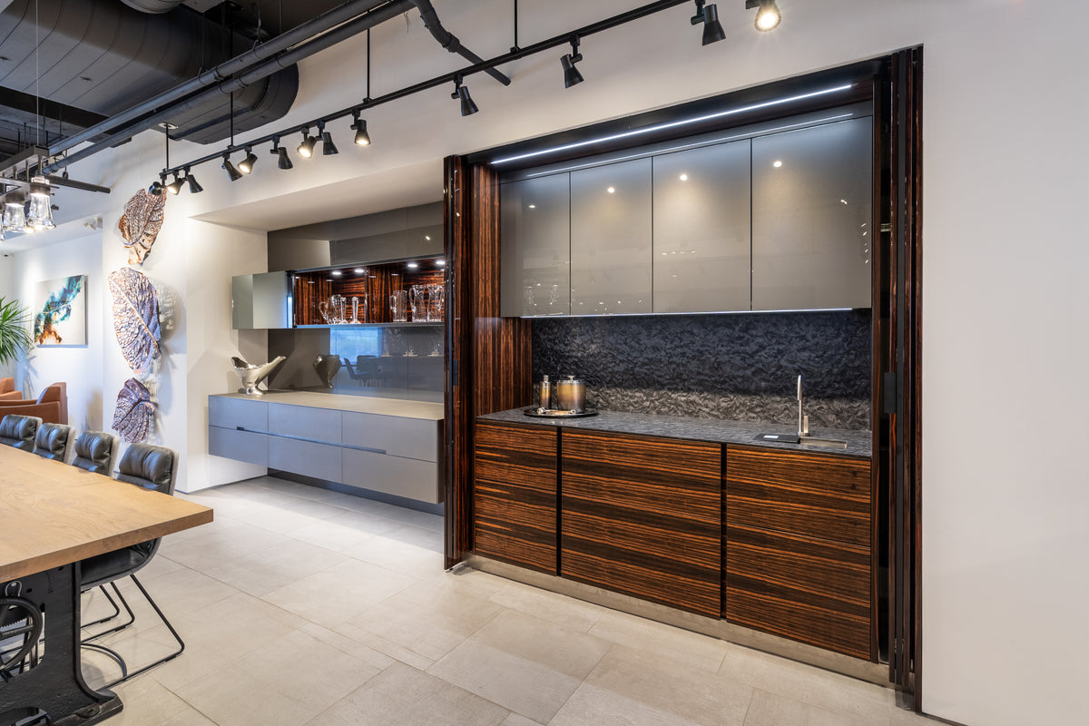 Eggersmann Matte and High Gloss Modern Bar with Makassar Accents and Sliding Mirror Door
