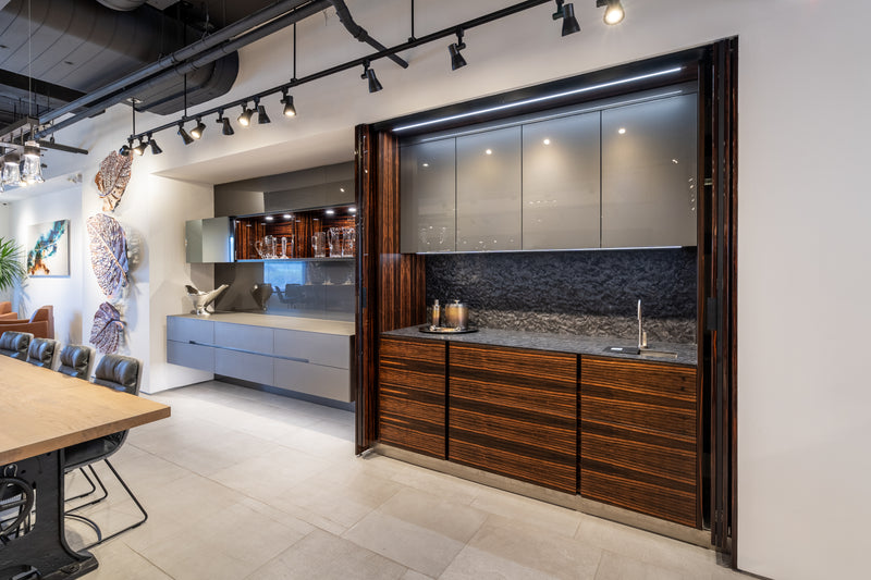 eggersmann USA Matte and High Gloss Modern Bar with Makassar Accents and Sliding Mirror Door