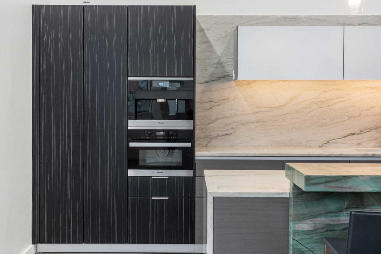 eggersmann Vancouver Wood Veneer Modern Kitchen with Waterfall Island & Miele Appliances