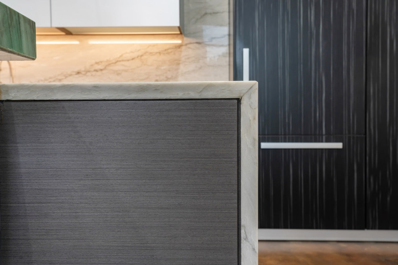eggersmann Vancouver Wood Veneer Modern Kitchen with Waterfall Island & Miele Appliances