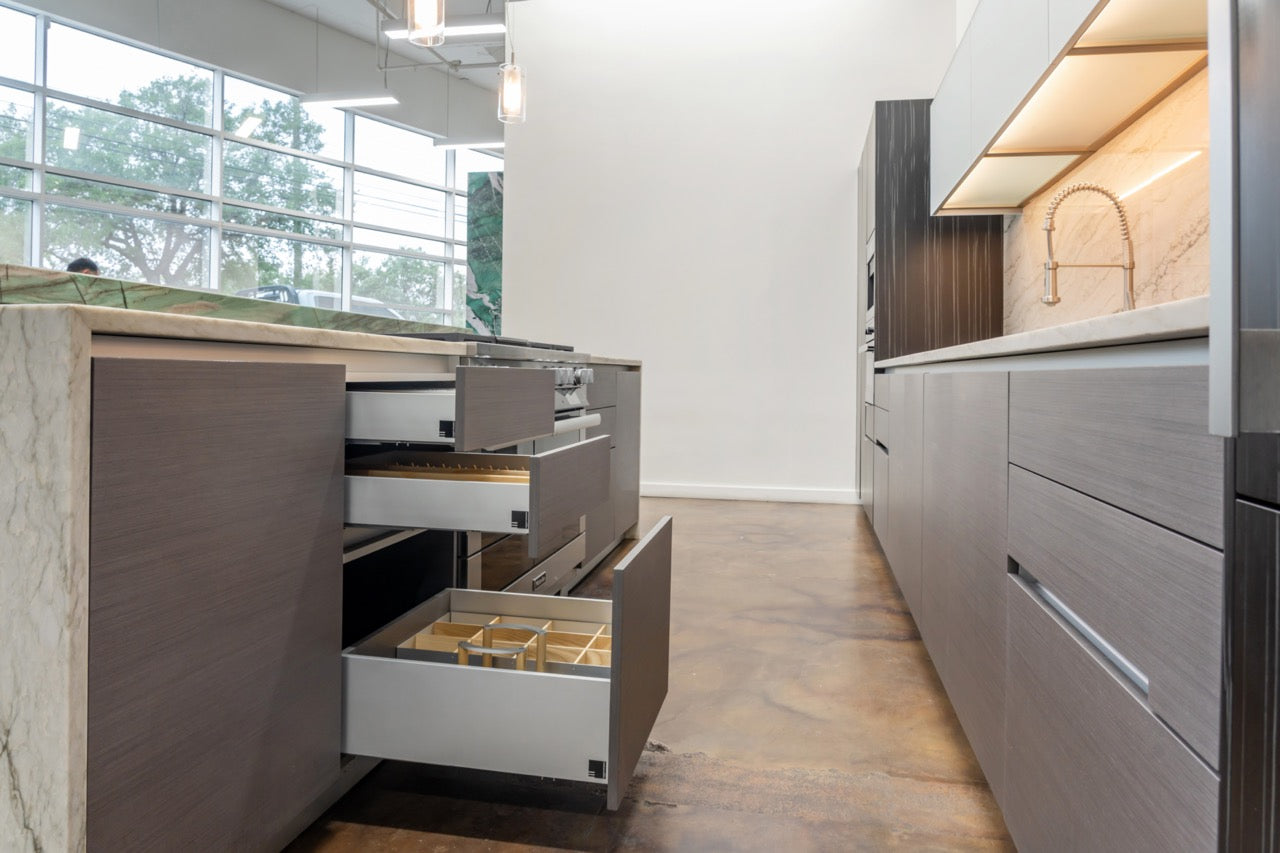 eggersmann Vancouver Wood Veneer Modern Kitchen with Waterfall Island & Miele Appliances