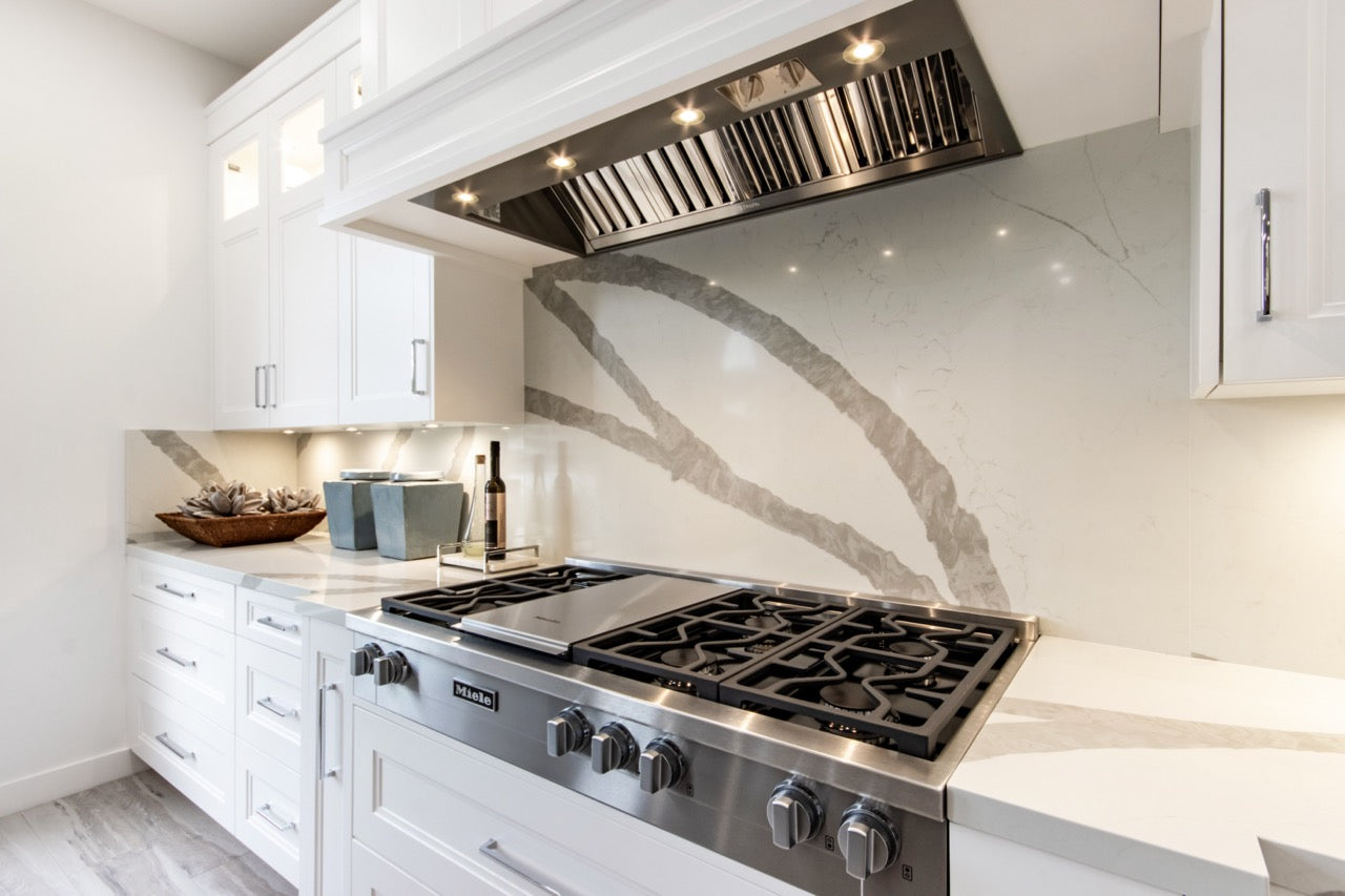 Irpinia Transitional White Kitchen with Island, Quartz Countertops and Miele Appliances
