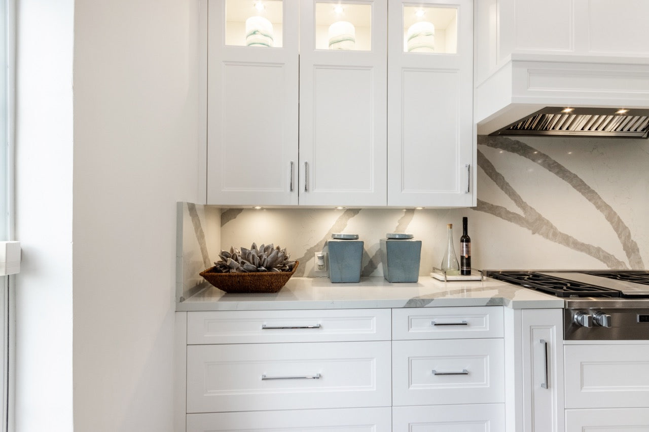 Irpinia Transitional White Kitchen with Island, Quartz Countertops and Miele Appliances
