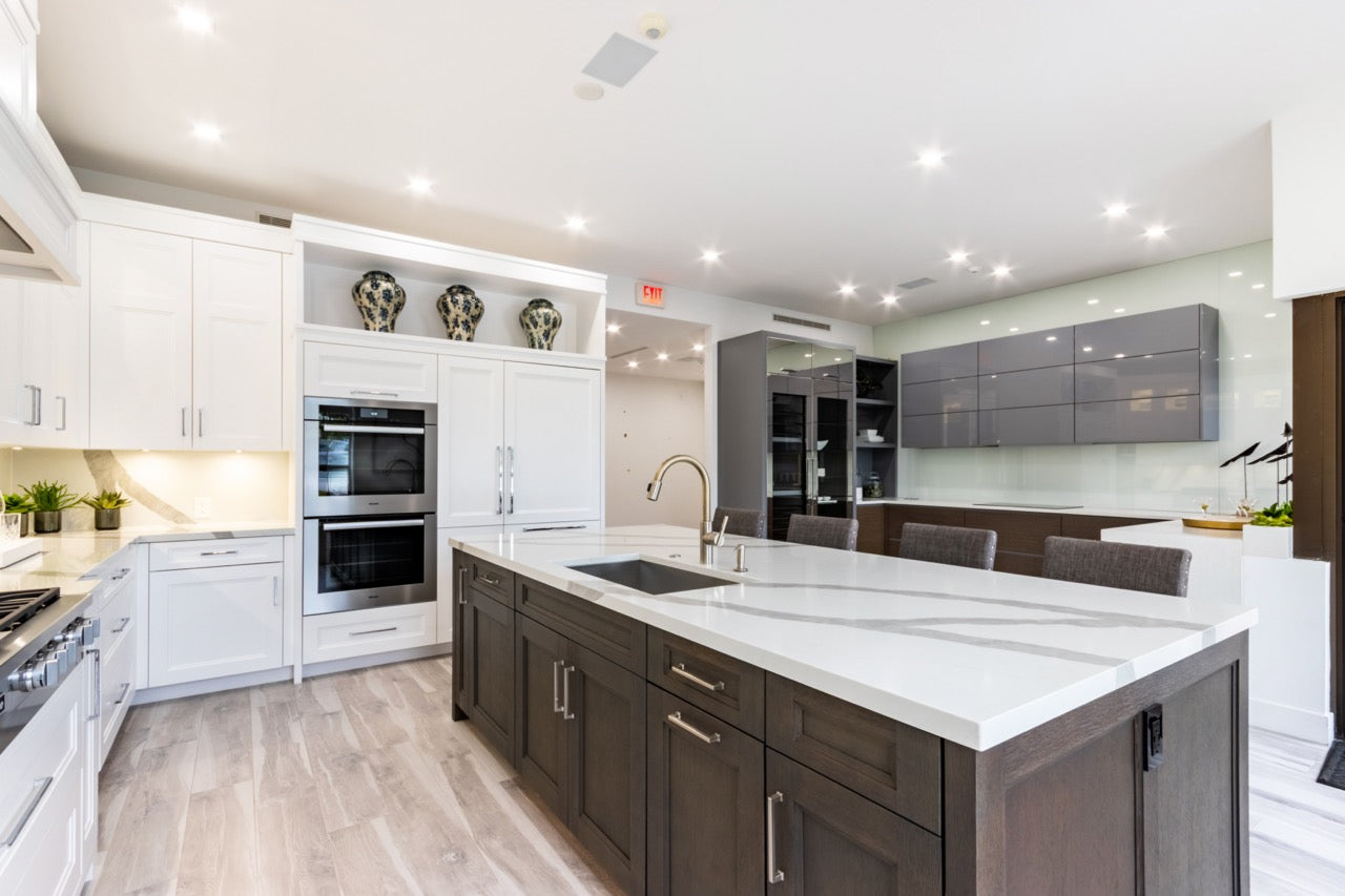 Irpinia Transitional White Kitchen with Island, Quartz Countertops and Miele Appliances