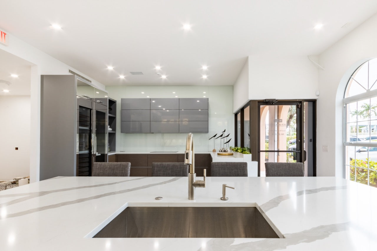 Irpinia Transitional White Kitchen with Island, Quartz Countertops and Miele Appliances