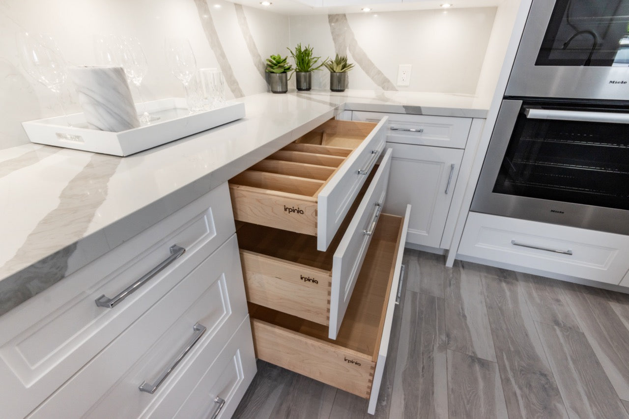 Irpinia Transitional White Kitchen with Island, Quartz Countertops and Miele Appliances
