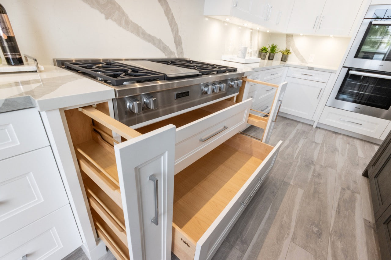 Irpinia Transitional White Kitchen with Island, Quartz Countertops and Miele Appliances