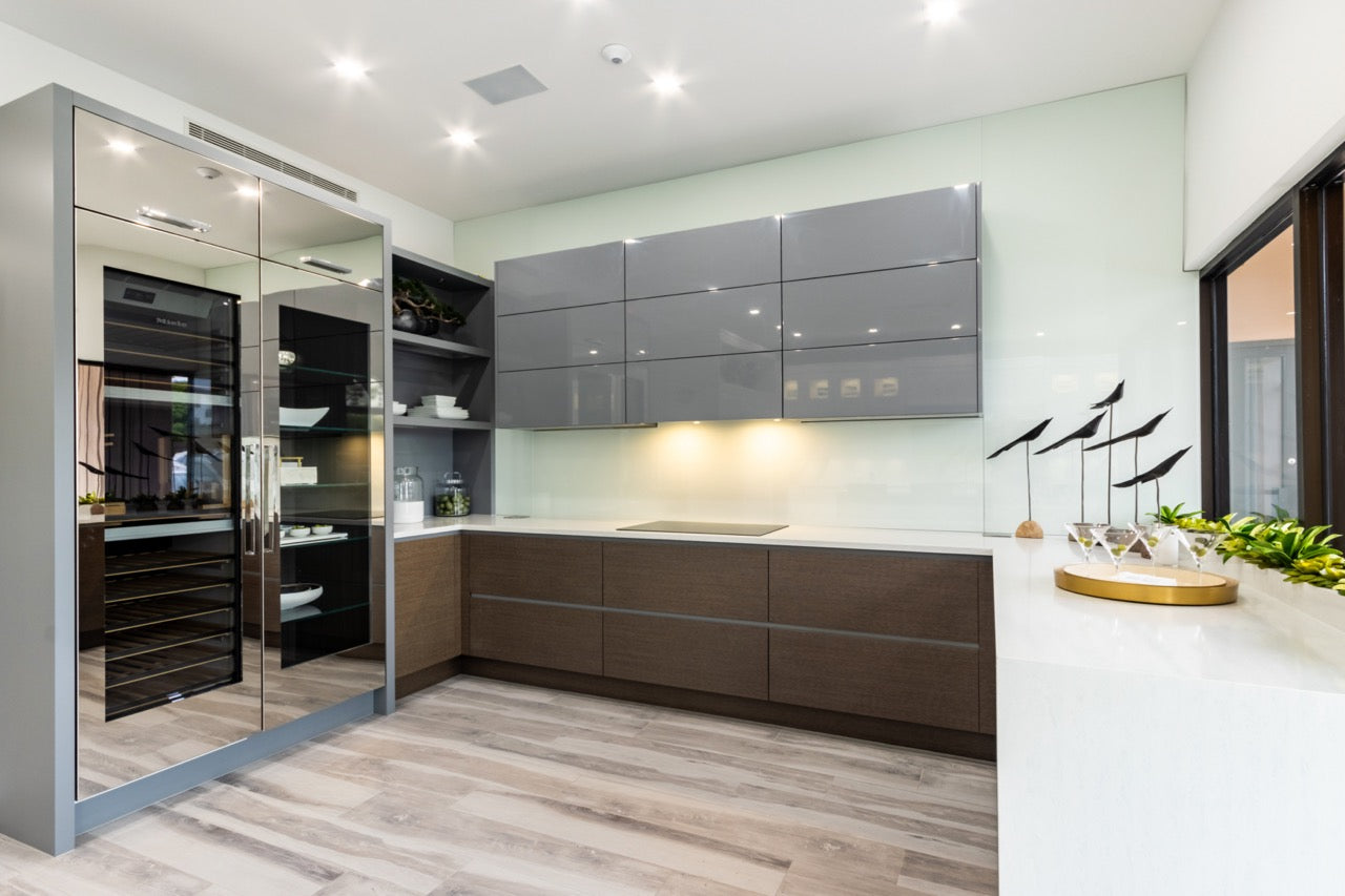 Irpinia Modern Glossy Grey & Matte Wood Veneer Butler's Pantry with Quartz Countertops and Miele Appliances