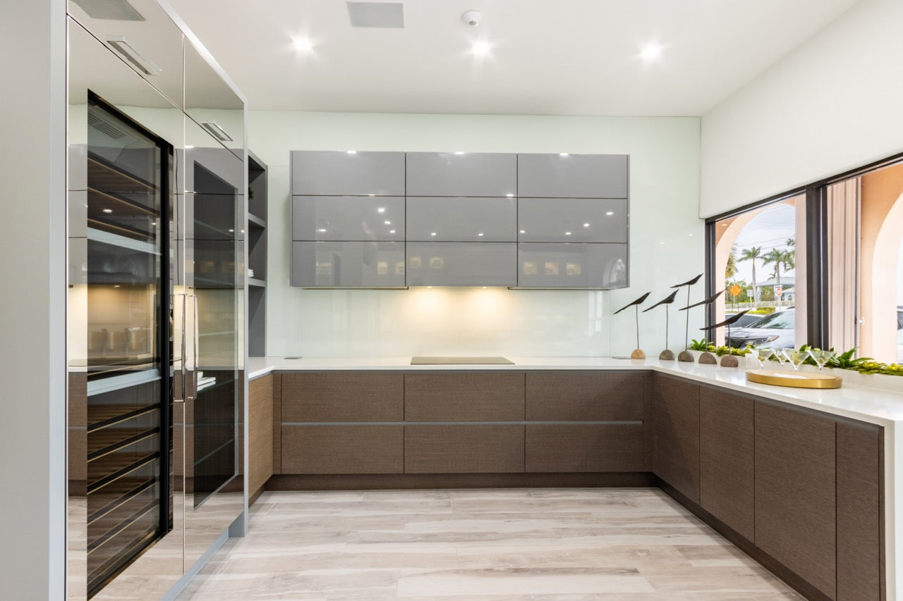 Irpinia Modern Glossy Grey & Matte Wood Veneer Butler's Pantry with Quartz Countertops and Miele Appliances