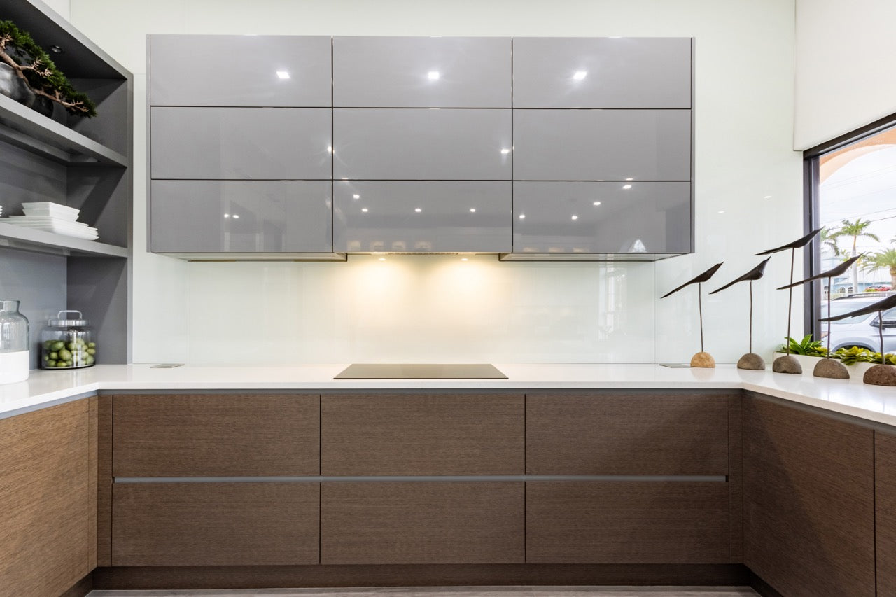 Irpinia Modern Glossy Grey & Matte Wood Veneer Butler's Pantry with Quartz Countertops and Miele Appliances