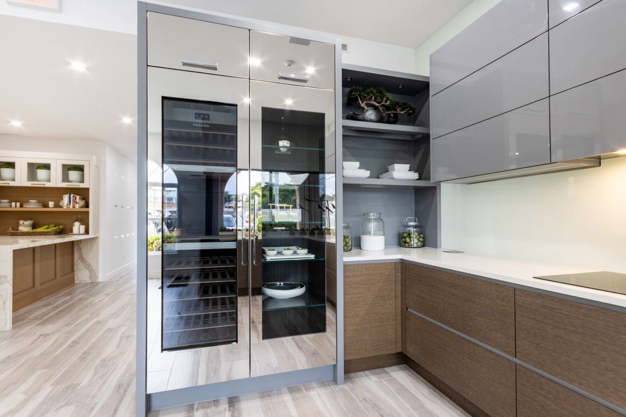 Irpinia Modern Glossy Grey & Matte Wood Veneer Butler's Pantry with Quartz Countertops and Miele Appliances